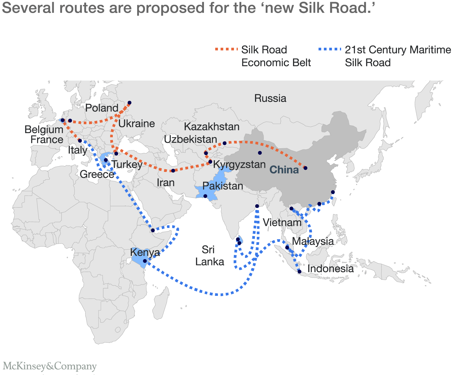 Several routes are proposed for the `new Silk Road`